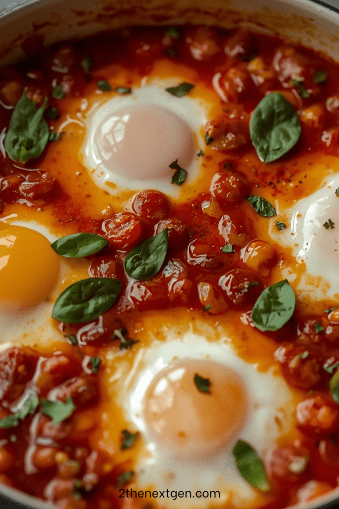 Tomato and chickpea baked eggs cooked in a skillet with paprika, basil, and perfectly set whites with runny yolks