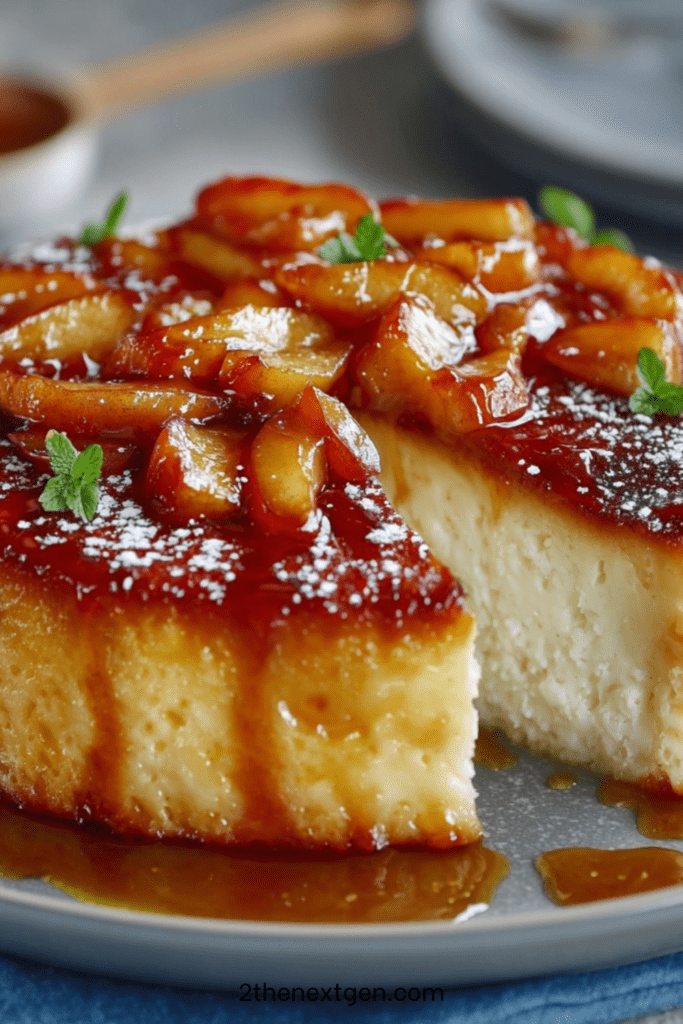 Ultra-creamy apple yogurt flan baked until golden, topped with caramel and served in slices
