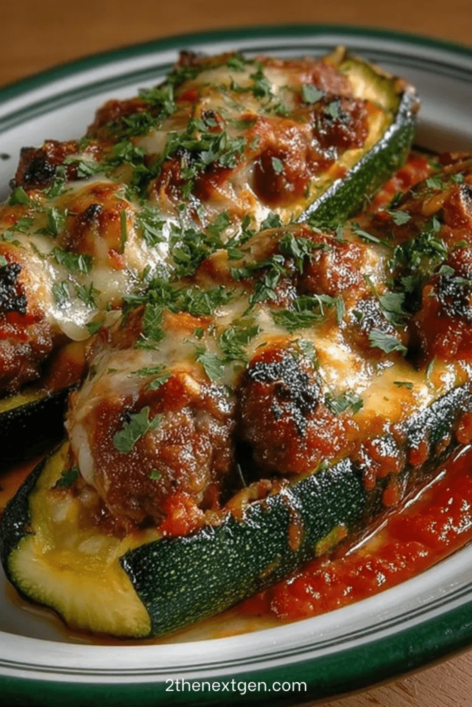 Baked stuffed zucchini halves filled with ground meat and tomato sauce, topped with melted golden cheese and fresh parsley