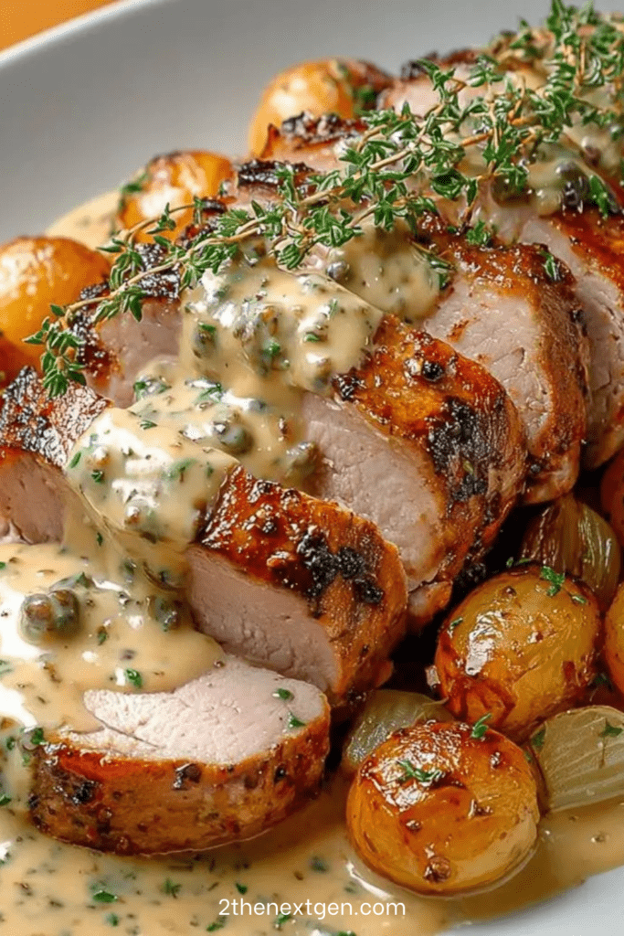Sliced roasted pork tenderloin topped with creamy old-fashioned mustard sauce served with golden roasted baby potatoes