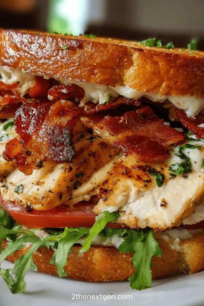 Stacked loaded chicken club sandwich with grilled sliced chicken breast, crispy bacon, tomato slices, fresh greens, and garlic herb mayonnaise on golden toasted sourdough bread.
