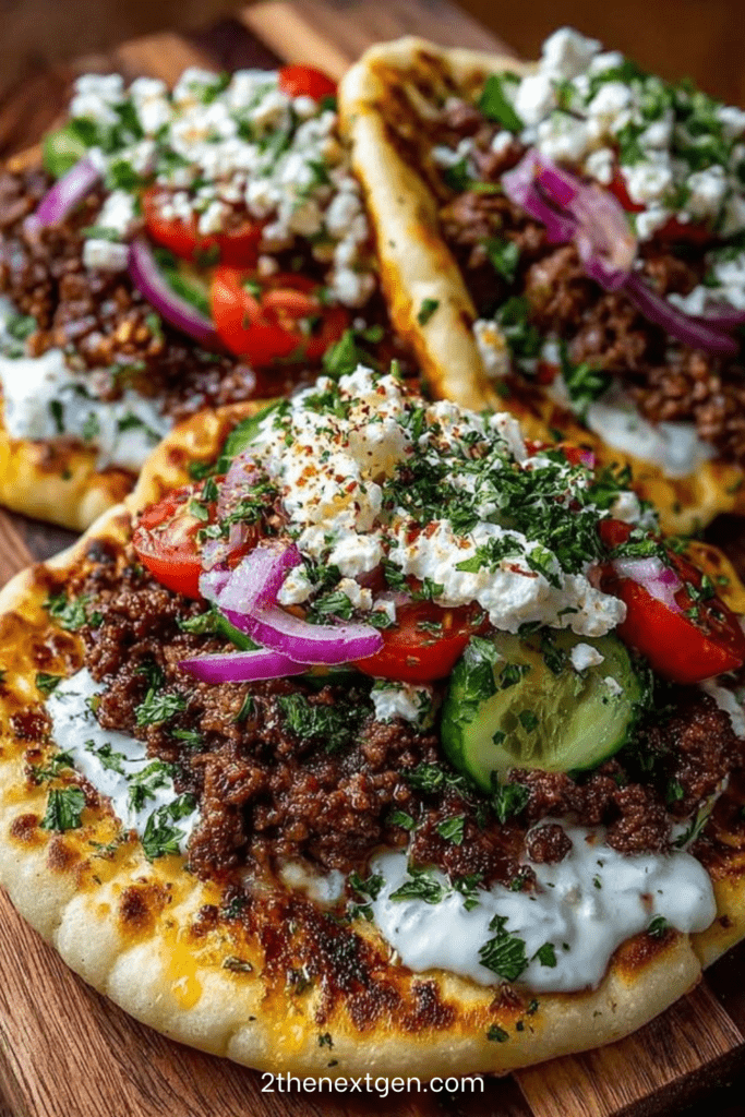 Mini Mediterranean lahmacun bites on crispy flatbread rounds topped with spiced ground beef, cucumber slices, cherry tomatoes, red onion, feta cheese, and garlic yogurt drizzle.