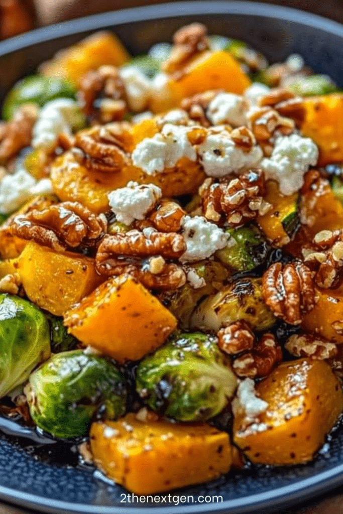 Warm roasted butternut squash and Brussels sprouts salad topped with toasted pecans, crumbled goat cheese, and maple balsamic glaze in a large serving bowl.