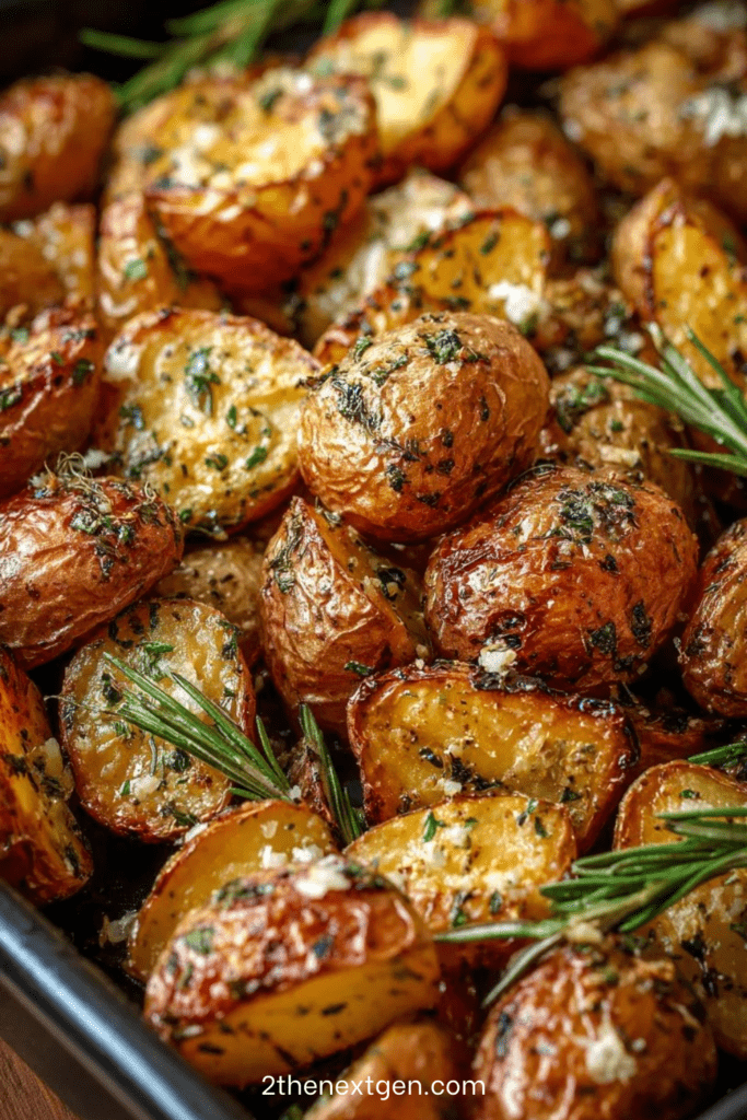 Golden rosemary roasted baby potatoes with crispy edges, minced garlic, fresh herbs, and a light sprinkle of Parmesan cheese on a baking tray.