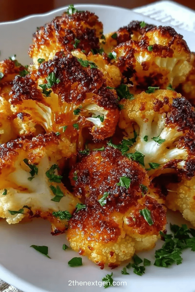 Garlic Parmesan roasted cauliflower florets coated in garlic butter and olive oil, topped with melted Parmesan cheese and fresh parsley garnish.