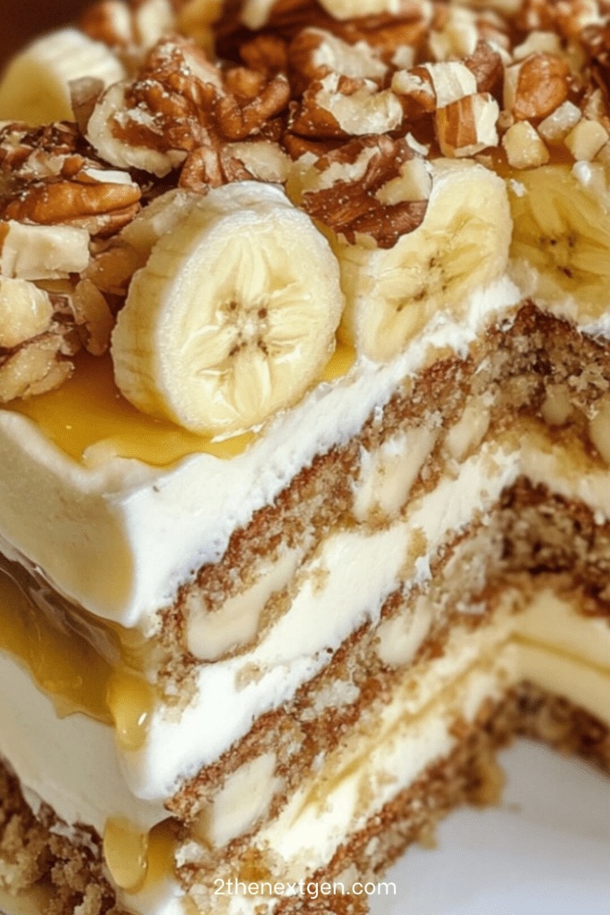 Layered banana walnut cream cake with cream cheese frosting, fresh banana slices, and toasted walnuts on top of a moist sponge.