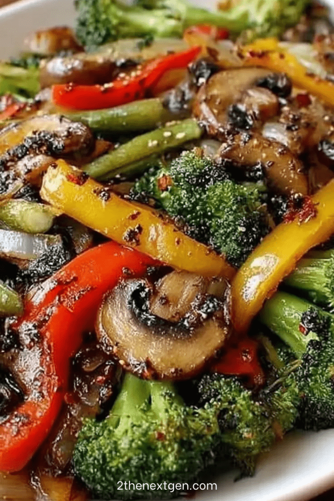 Colorful vegetable stir fry with broccoli florets, sliced mushrooms, red and yellow bell peppers coated in glossy soy sesame sauce in a wok.