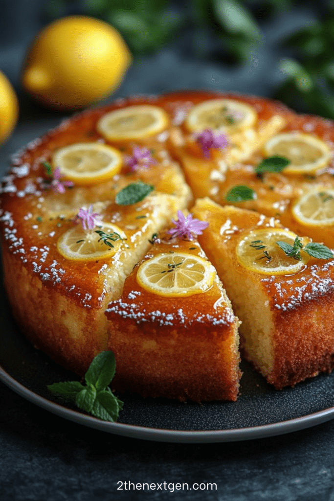Moist lemon and honey butter cake topped with candied lemon slices, honey drizzle, and fresh mint leaves on a serving plate.