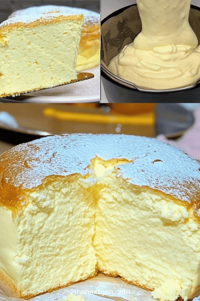 Ultra moist Japanese soufflé cheesecake dusted with icing sugar, tall and airy with a soft golden top and delicate, cloud-like interior texture on a white cake stand.
