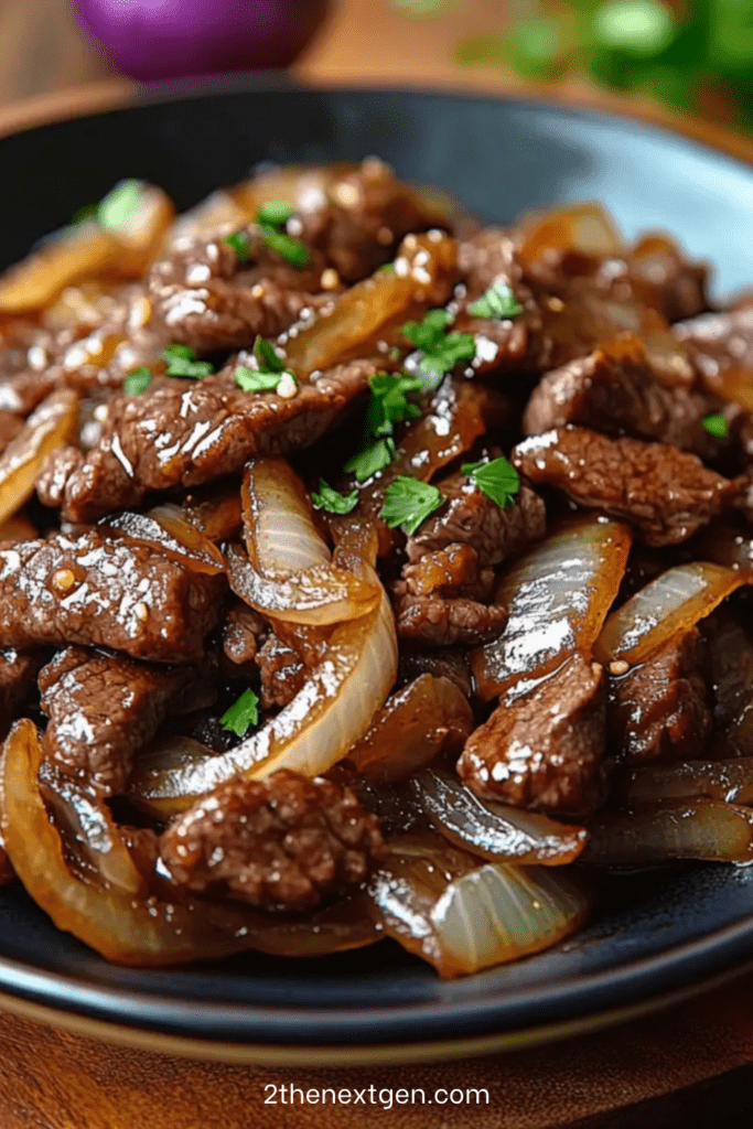 Pan-fried beef strips with caramelized onions in a skillet, coated in a glossy soy-based sauce and garnished with fresh parsley, served hot.