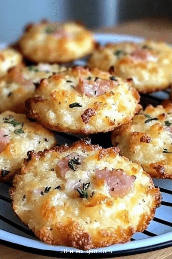 Golden savory Parmesan and ham cookies on a baking tray, crisp edges with a soft cheesy interior, garnished with dried herbs and served warm.