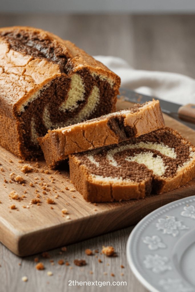 Slice of vanilla and chocolate marble cake showing distinct swirls of light vanilla and dark cocoa batter with soft, moist crumb and golden crust.