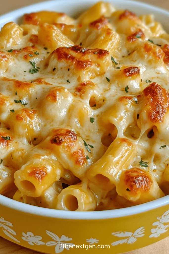Creamy mac and cheese gratin baked in a ceramic dish with golden melted cheese crust, elbow pasta coated in rich cheese sauce, served hot with fresh parsley garnish