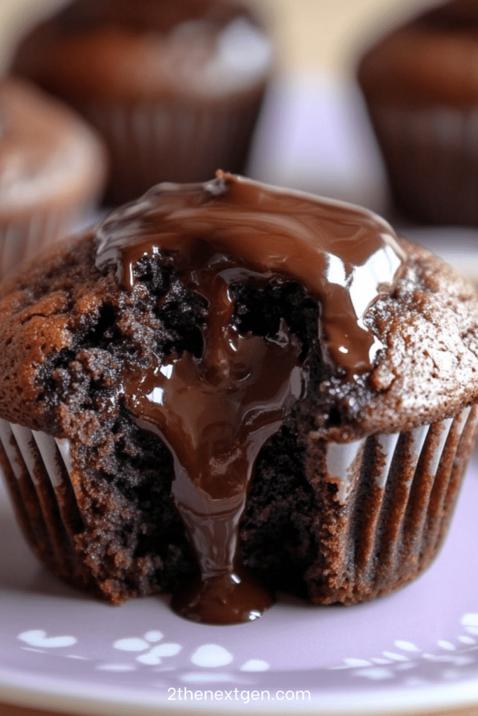 Chocolate muffins with molten center on a plate, soft baked exterior with flowing melted chocolate filling inside, dark chocolate topping and cocoa dust, warm dessert presentation