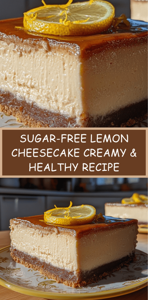 Sugar-free lemon cheesecake on a white plate with almond crust base, creamy smooth texture, topped with fresh lemon slices and zest, light and healthy dessert presentation