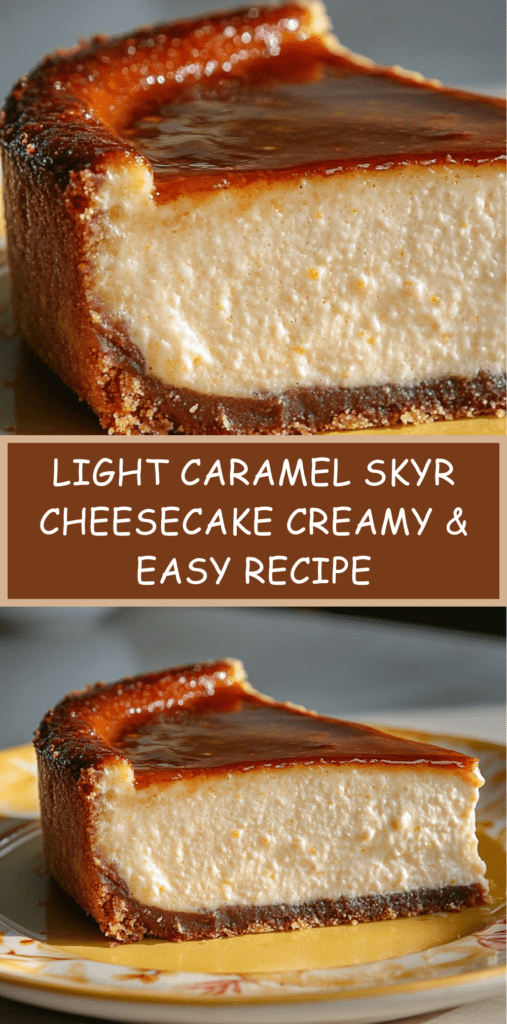 Light caramel skyr cheesecake on a cake stand with smooth creamy texture, biscuit crust base, glossy caramel topping spread evenly on top, elegant dessert presentation