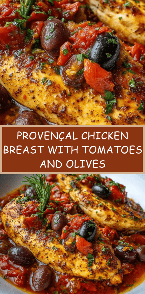 Golden pan-seared Provençal chicken breast simmered with chopped tomatoes, black olives, garlic and herbs de Provence in a rustic skillet