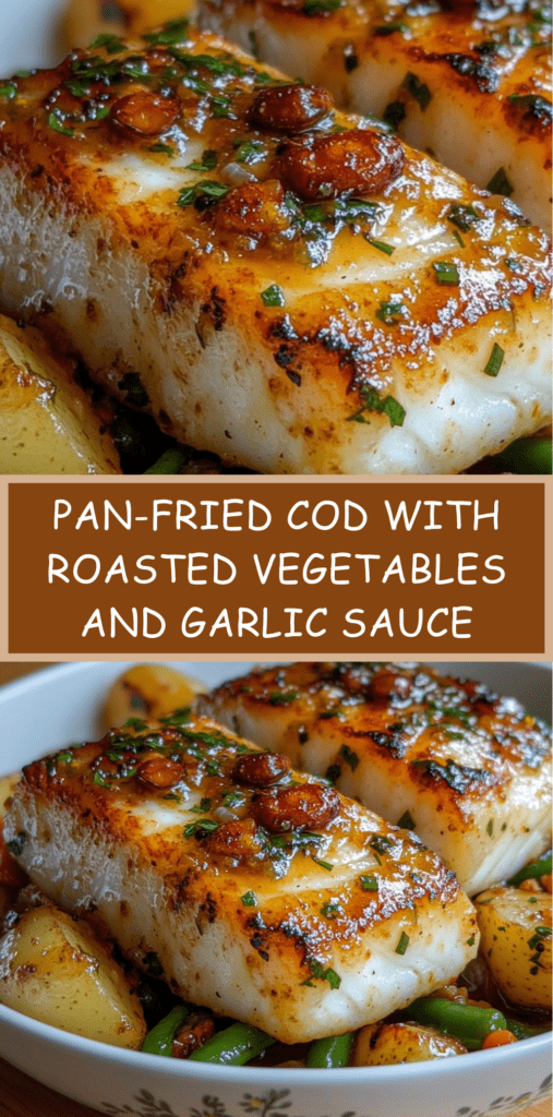 Pan-fried cod fillet with golden roasted baby potatoes, green beans and garlic parsley lemon sauce served on a plate