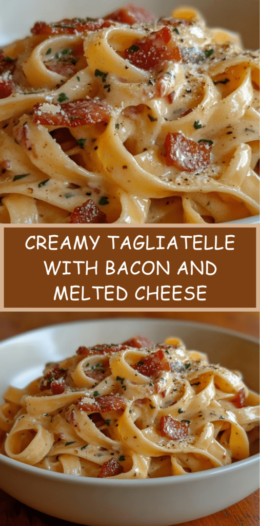 Creamy tagliatelle pasta coated in a melted cheese and cream sauce with crispy bacon, finished with black pepper and fresh parsley