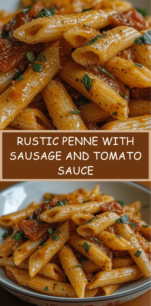 Rustic penne pasta tossed with sausage and tomato sauce, topped with fresh parsley and Parmesan in a pan