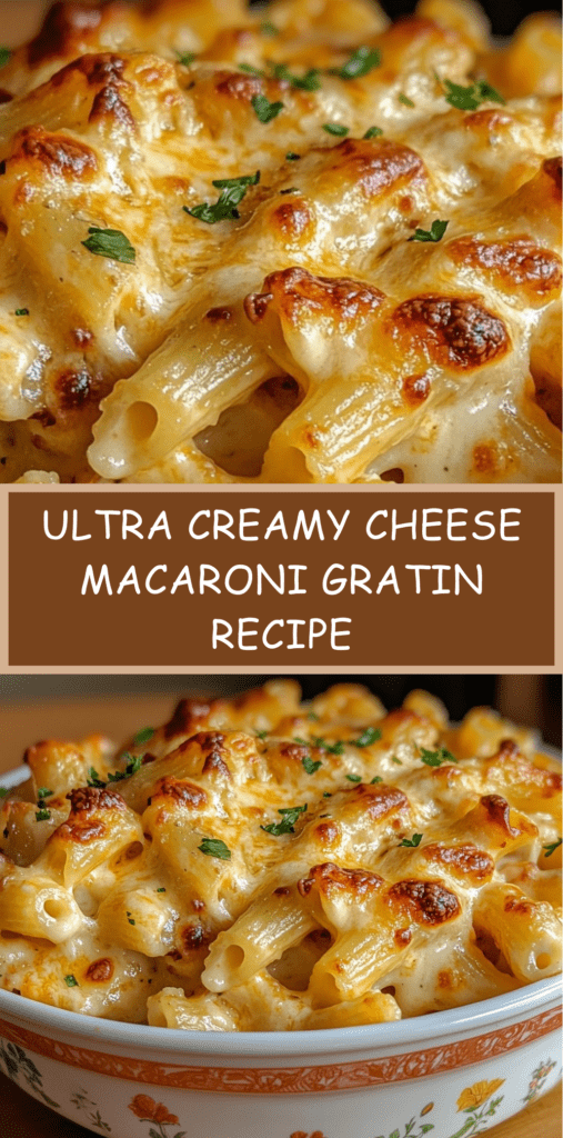 Ultra creamy cheese macaroni gratin baked until golden with melted cheese and parsley in a ceramic baking dish