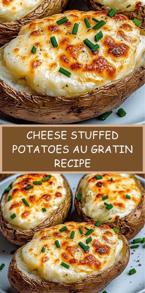 Cheese stuffed potatoes au gratin with golden melted cheese topping and chives, baked until crispy and creamy inside