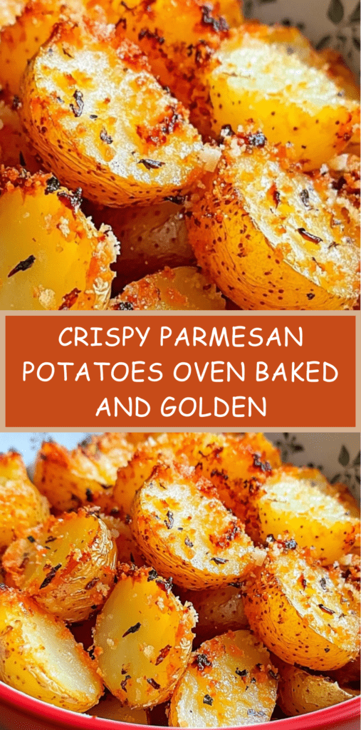 Oven baked baby potatoes roasted cut side down with Parmesan cheese, garlic and herbs, golden and crispy on the bottom