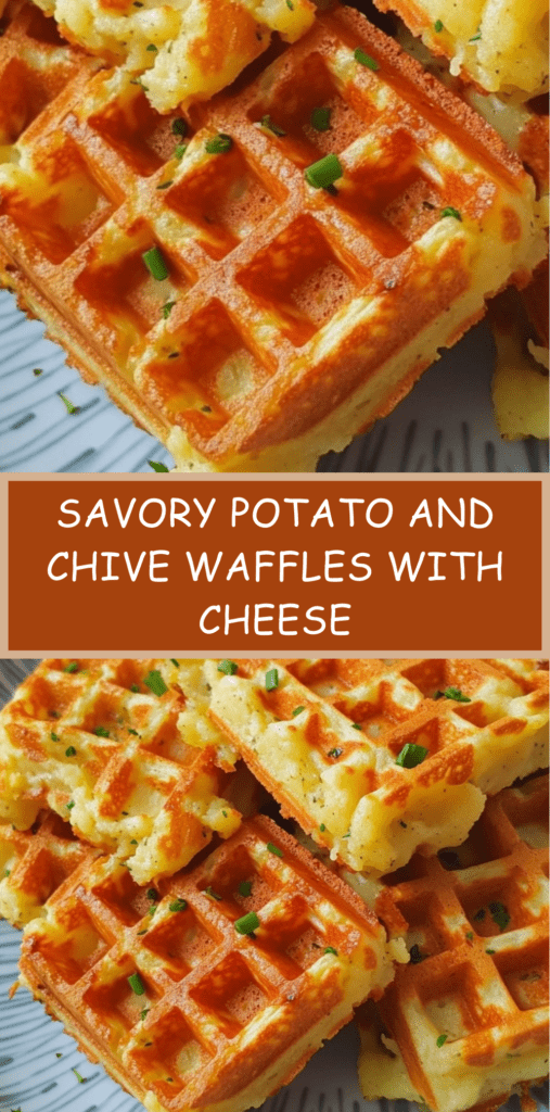 Golden savory potato waffles with melted cheese and fresh chives, cooked until crispy in a waffle iron