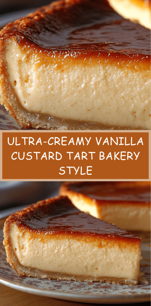 Ultra-creamy vanilla custard tart with a golden caramelized top and smooth vanilla filling baked in a shortcrust pastry