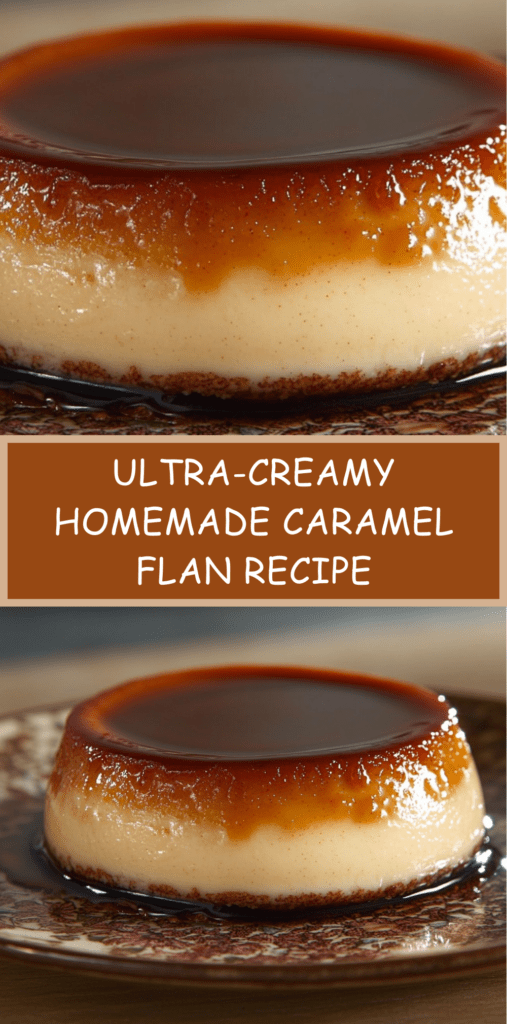Ultra-creamy homemade caramel flan unmolded on a plate with glossy caramel sauce flowing around the smooth custard