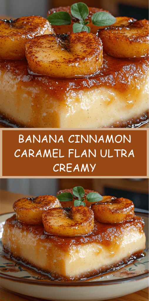 Ultra-creamy banana cinnamon caramel flan topped with glossy caramelized banana slices and fresh mint
