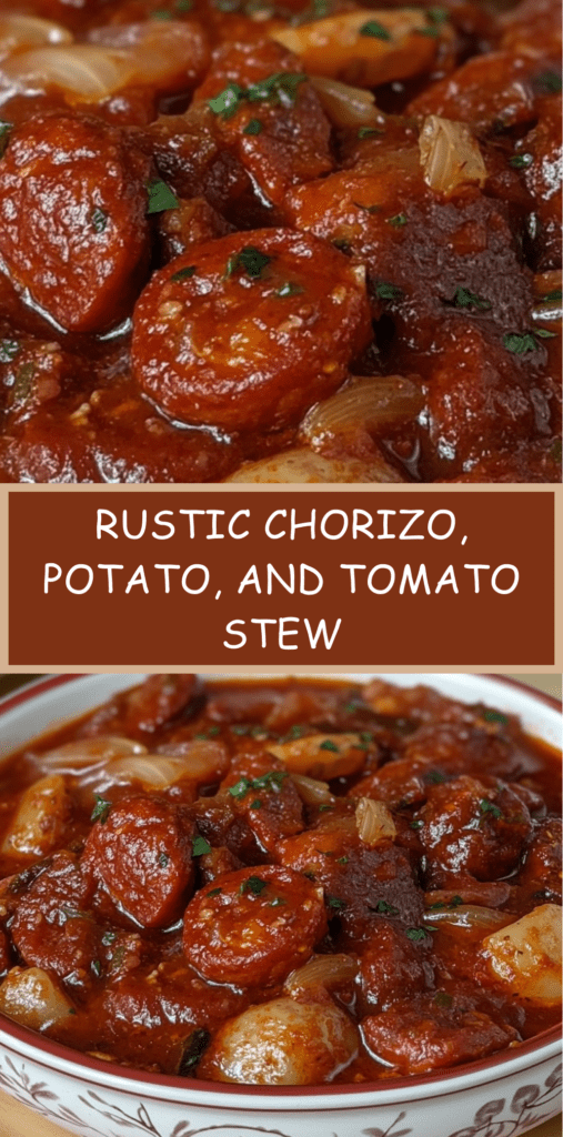 Rustic chorizo, potato, and tomato stew simmered in a casserole with carrots, herbs, and paprika, served hot and hearty