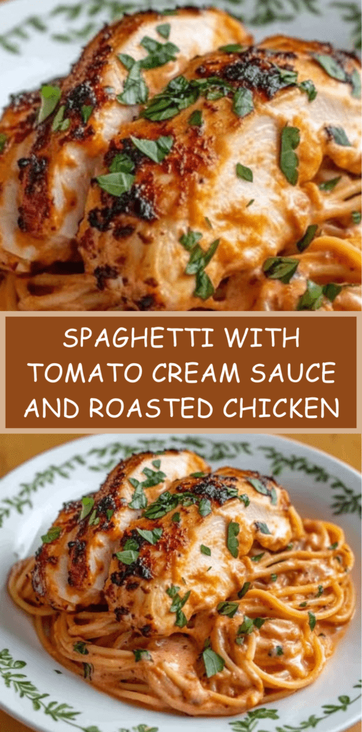Spaghetti coated in a smooth tomato cream sauce topped with sliced roasted chicken breast and fresh parsley