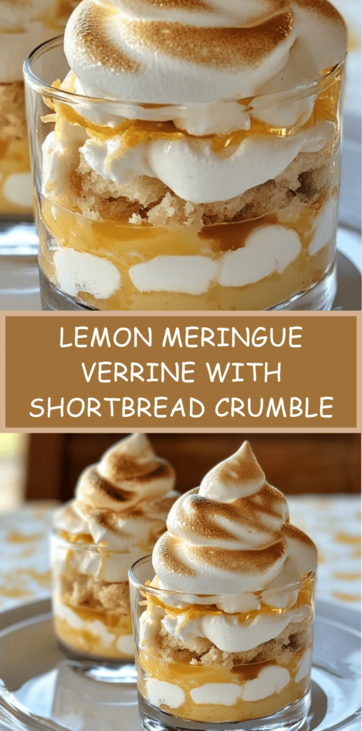 Layered lemon meringue verrine with silky lemon cream, crunchy shortbread crumbs, and golden toasted meringue