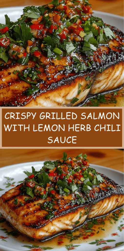 Crispy grilled salmon with golden skin topped with lemon herb and chili sauce, served fresh and glossy