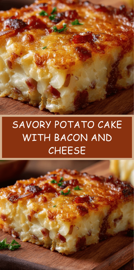 Savory potato cake with bacon and melted cheese, golden brown on top and sliced into rustic portions