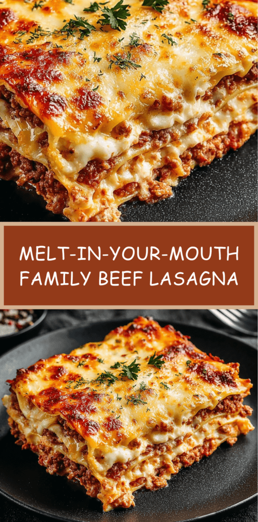 Homemade family beef lasagna with creamy béchamel sauce and golden cheese gratin, sliced and served hot
