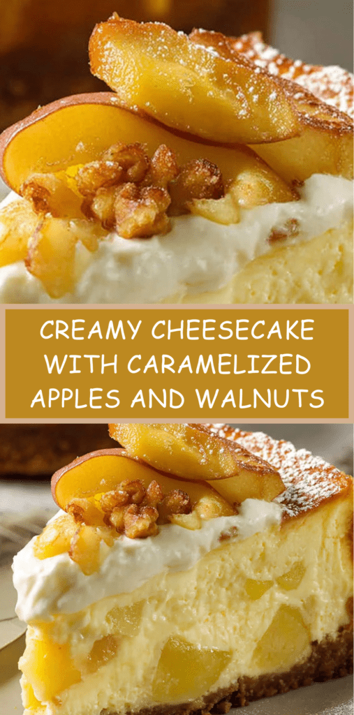 Creamy cheesecake topped with caramelized apples and crushed walnuts, served chilled and dusted with powdered sugar