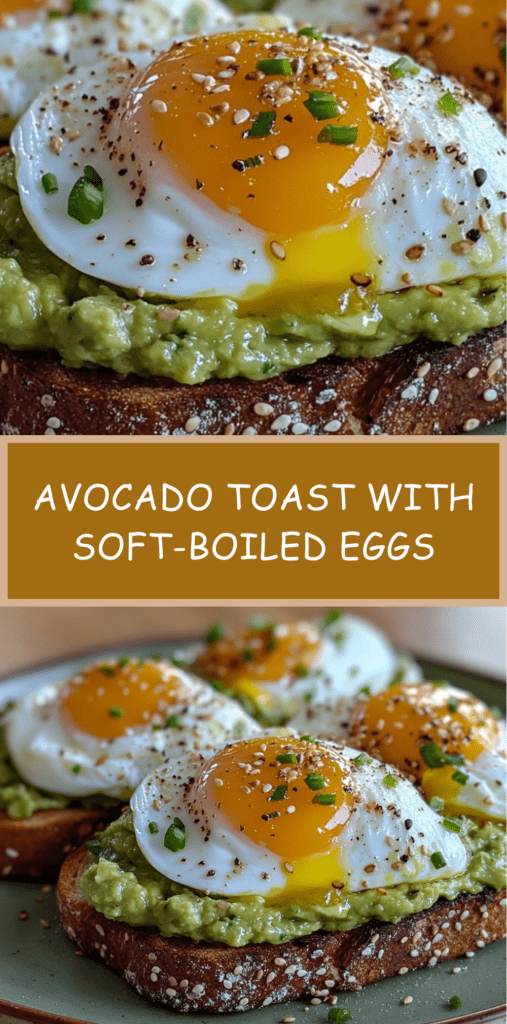 Avocado toast topped with soft-boiled eggs, runny yolk, chives and sesame seeds on whole wheat bread