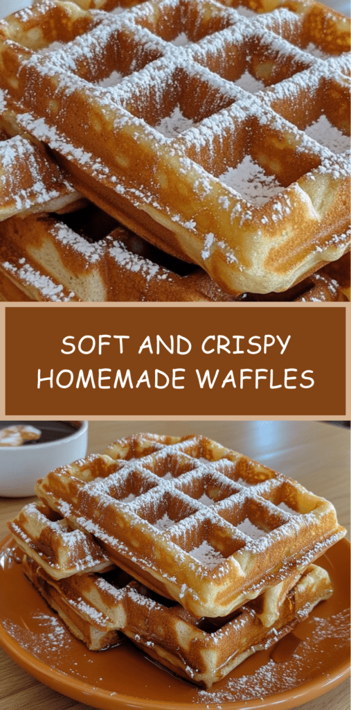 Golden homemade waffles with a crispy exterior and soft center, served with powdered sugar and maple syrup