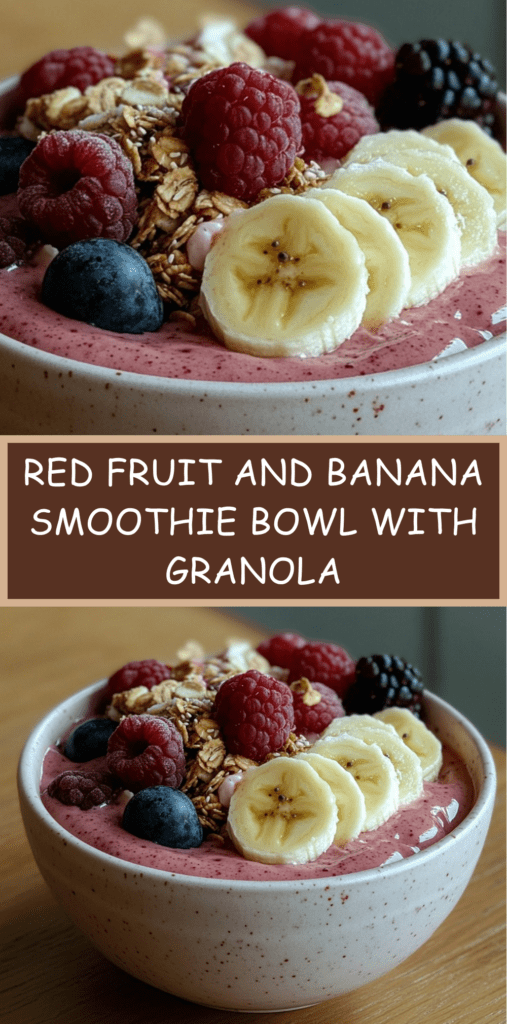 Thick red fruit smoothie bowl topped with banana slices, raspberries, blueberries, and crunchy granola