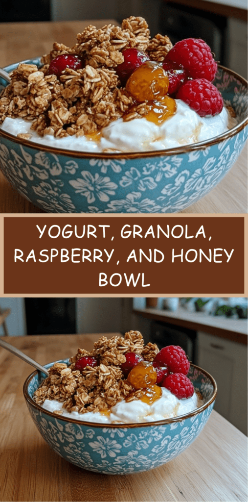 Greek yogurt bowl topped with crunchy granola, fresh raspberries, honey drizzle, and seeds