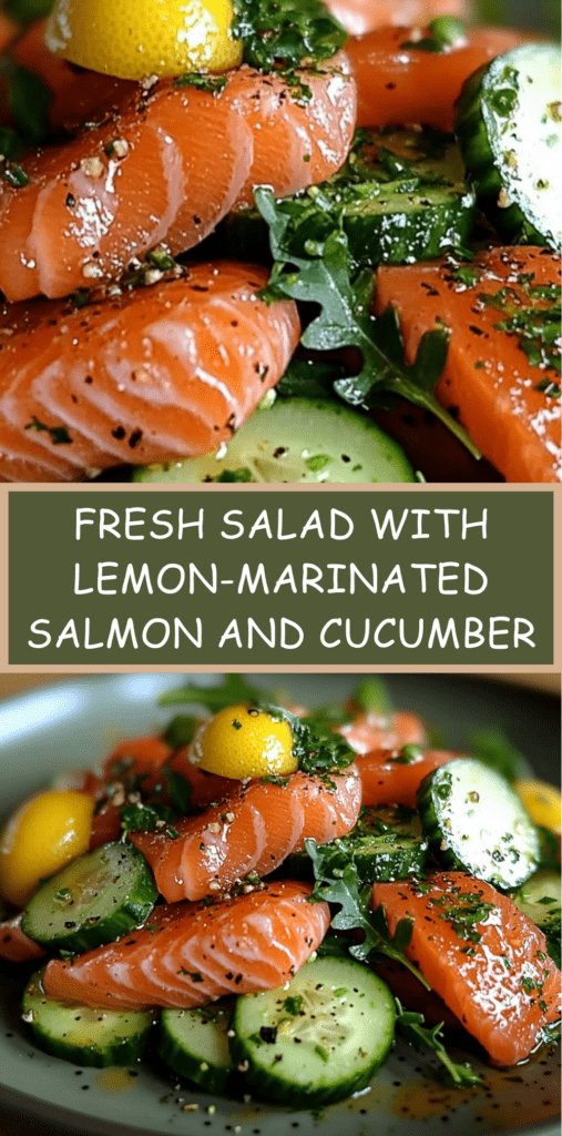 Fresh salad with lemon-marinated salmon cubes, crunchy cucumber slices, arugula, and fresh herbs