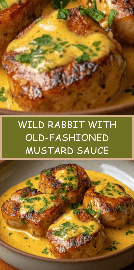 Wild rabbit pieces simmered in a creamy old-fashioned mustard sauce with parsley and shallots