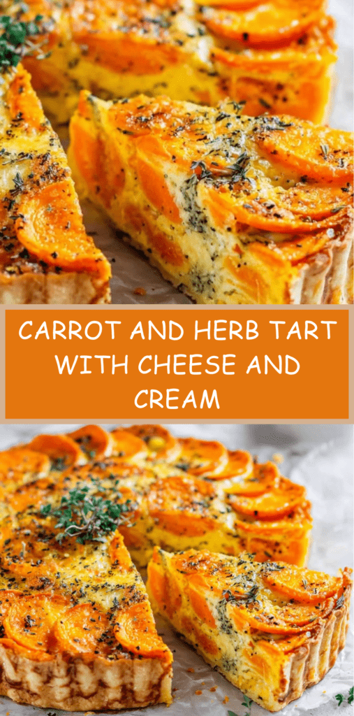 Homemade carrot and herb tart with golden top, sliced carrots and melted cheese baked in a rustic pie dish