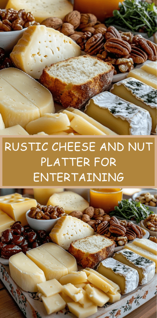 Rustic cheese and nut platter with assorted cheeses, nuts, fresh cherries, country bread, honey, and microgreens arranged on a wooden board