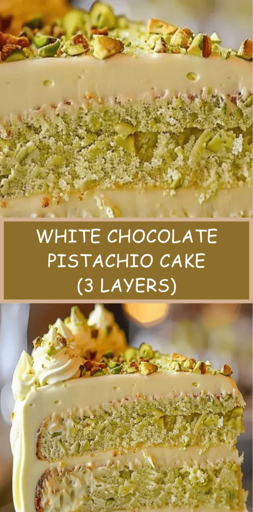 Three-layer white chocolate pistachio cake with creamy frosting, piped swirls, chopped pistachios, and white chocolate drizzle