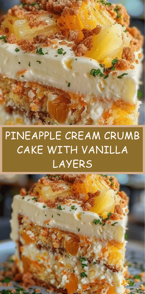 Pineapple cream crumb cake with vanilla layers, cream cheese filling, pineapple pieces, and golden crumble topping on a serving plate