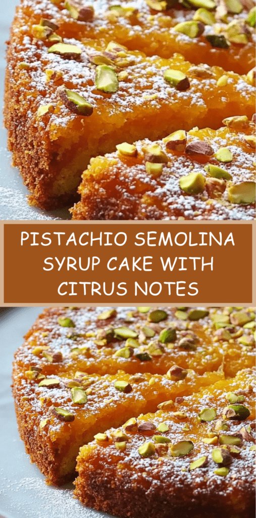 Golden pistachio semolina syrup cake topped with chopped pistachios and powdered sugar, sliced to reveal a moist glossy interior