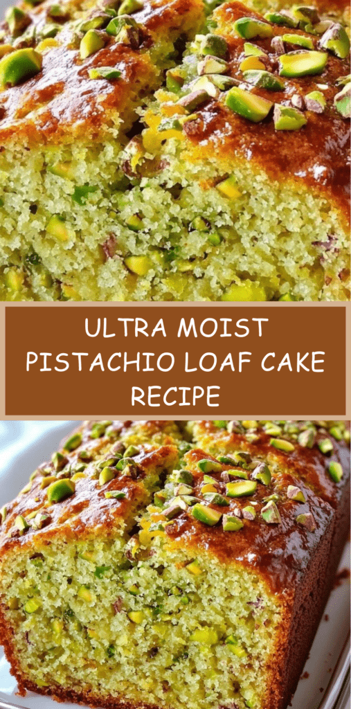 Ultra moist pistachio loaf cake with a glossy honey citrus glaze and chopped pistachios, sliced to show a tender green-speckled crumb